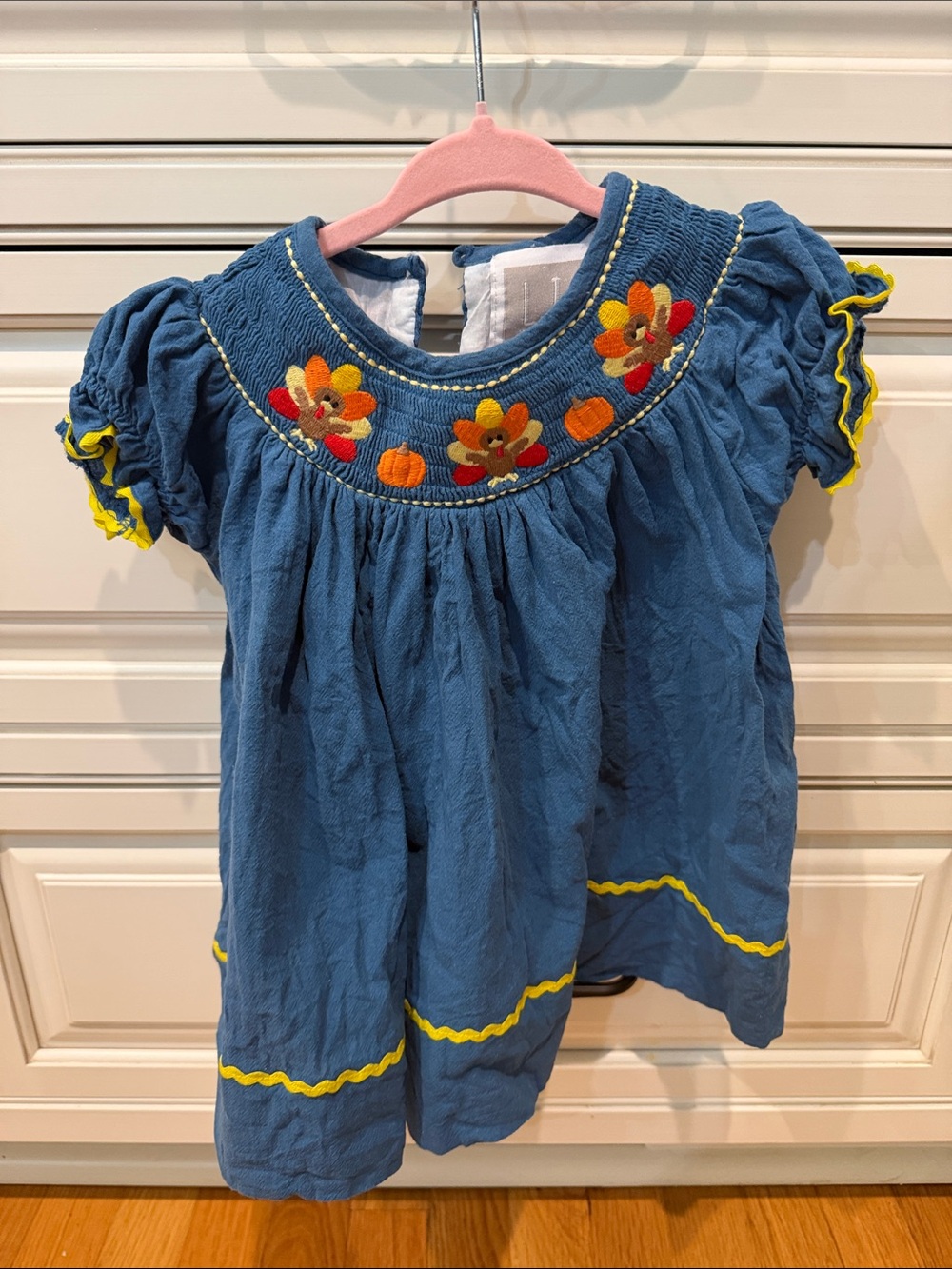 Turkey smocked  Embroidered Puff-Sleeve Girls' Dress with Ric Rac Yellow Trim